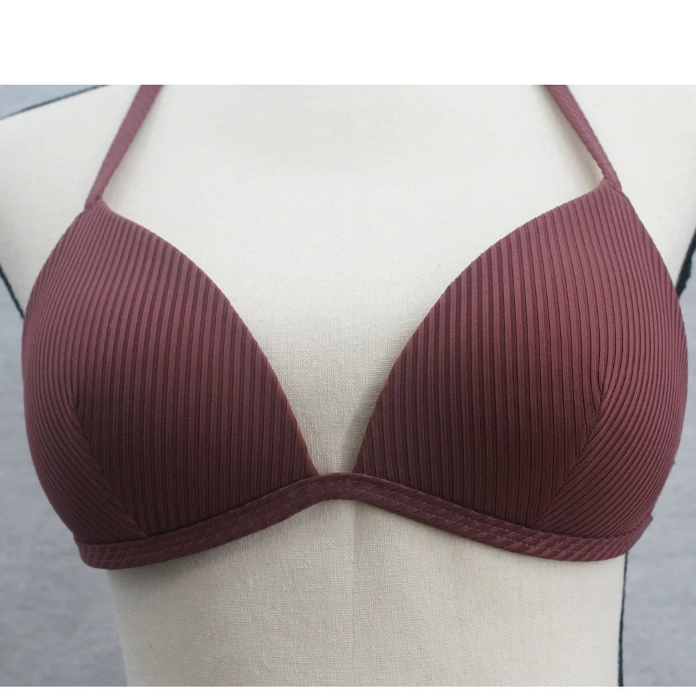 Pink Victoria's Secret Burgundy Ribbed Halter Triangle Bikini Top Size M Maroon